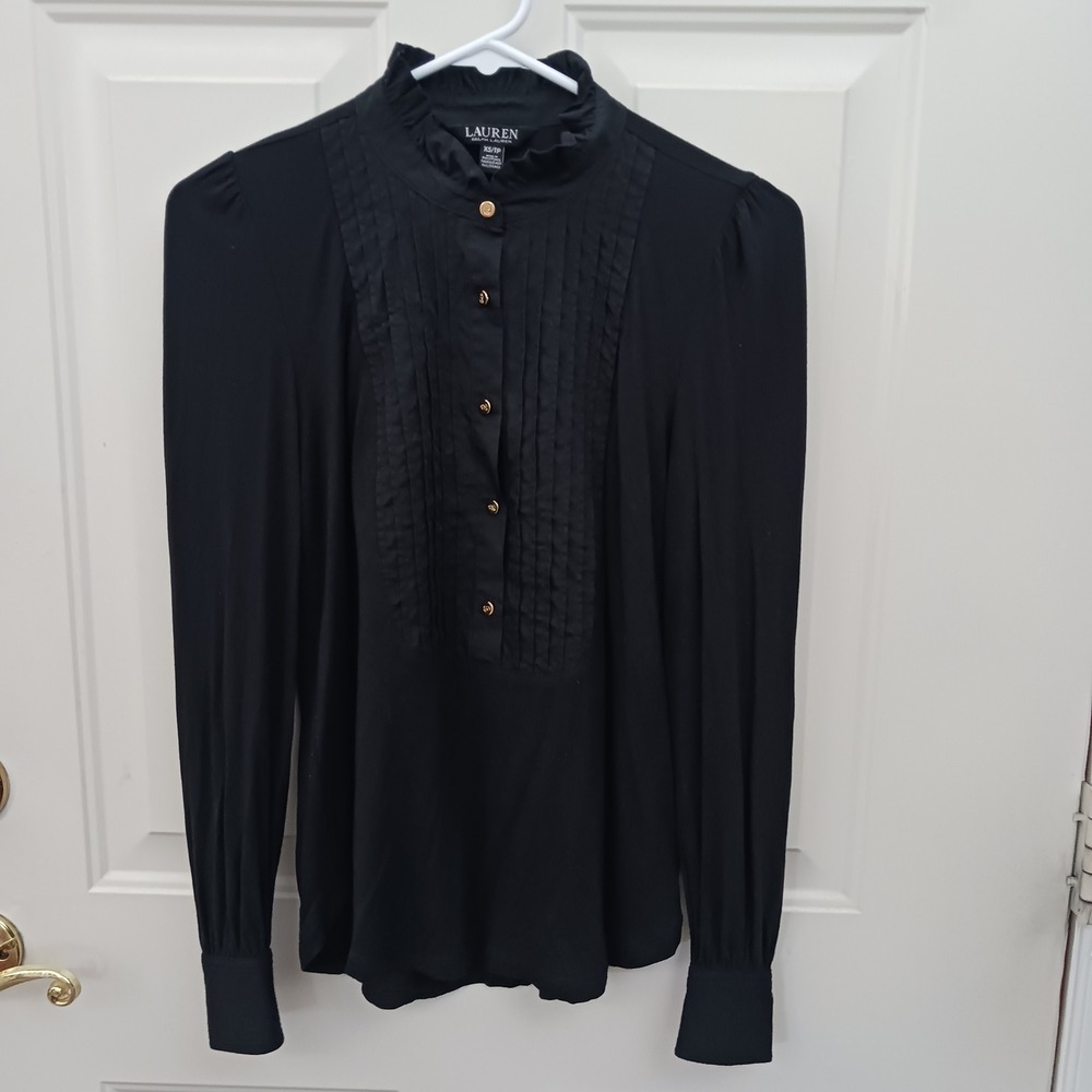 Lauren Ralph Lauren Black Ruffle Neck Pleated Tuxedo Bib Knit Blouse XS